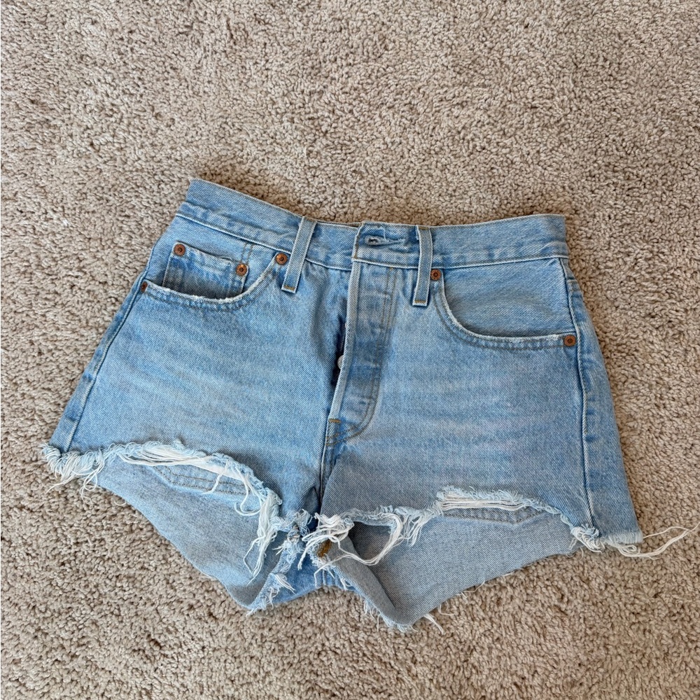 Levi's Light Blue Distressed High-Rise Denim Shorts 501s